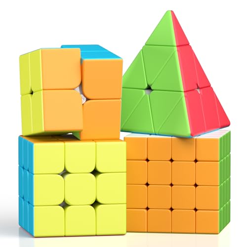 ROXENDA Zauberwürfel Set Stickerless 2X2 3X3 4X4 Pyramide Speed Cube Set mit Würfel Tutorial für Kinder und Erwachsene, [4er Pack] von ROXENDA