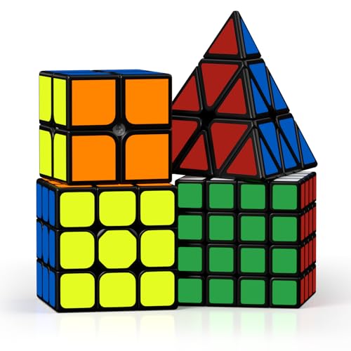 ROXENDA Zauberwürfel Set - 2X2 3X3 4X4 Pyramide Speed Würfel Set mit Würfel Tutorial für Kinder und Erwachsene, [4er Pack] (Schwarz) von ROXENDA