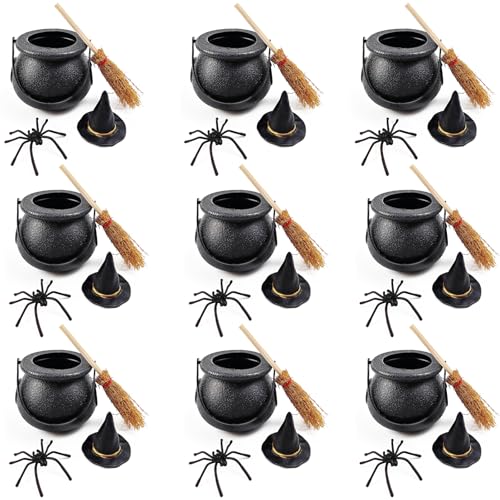 ROYHOO Halloween-Mini-Hexenkessel-Set, 12 Stück, kleiner Kunststoff-Kessel mit Spinne, Besen, Hexenhut für Halloween, Puppenhaus, Bastelzubehör, Tischdekoration, 48-teiliges Set ROYHOO Halloween-Mini-Hexenkessel-Set, 12 Stück, kleiner Kunststoff-Kessel mit Spinne, Besen, Hexenhut für Halloween, Puppenhaus, Bastelzubehör, Tischdekoration, 48-teiliges Set von ROYHOO