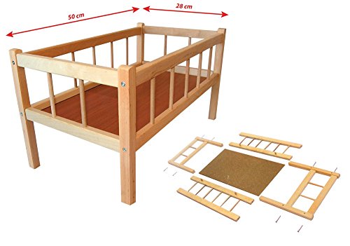 Rappa 112094 Großes Puppenbett aus Holz Naturholz - 50 cm Länge - Leichter Zusammenbau von RAPPA