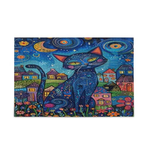 Art Blue Cat Holzpuzzles für Erwachsene, einzigartige Puzzles, 500 Teile, Puzzle für Erwachsene, 50,5 x 37,8 cm von RPLIFE