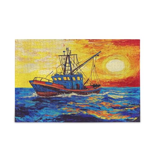 Boot Sonnenuntergang Ölgemälde Stil Puzzles Puzzle Spielzeug 1000 Teile Puzzle für Familie 29,5 × 19,78 cm von RPLIFE