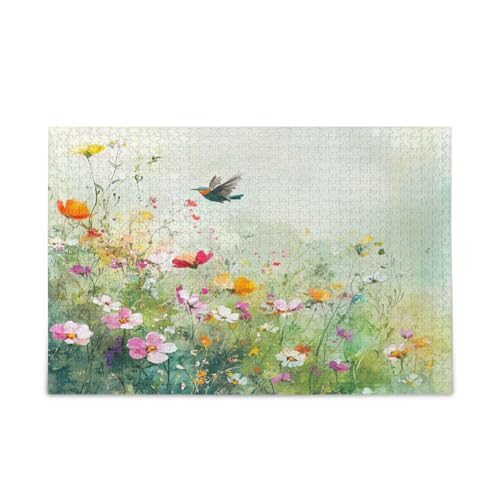 Bunte Wildblumen, niedlicher Vogel, Erwachsenen-Puzzle, lustige Puzzles, 1000 Teile, Puzzle für Familie, 74 x 70 cm von RPLIFE