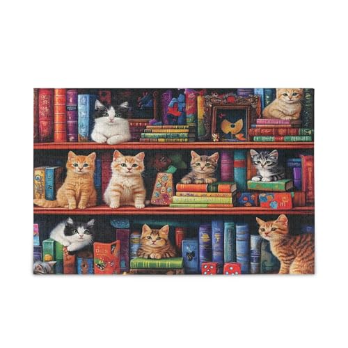 Buntes Bücherregal, Katzenpuzzle, hübsche Puzzles, 1000 Teile, Puzzle für Familie, 74 x 50 cm von RPLIFE