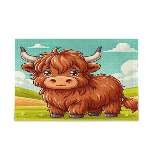 Cartoon Cute Highland Cow Adult Puzzles Wood Jigsaw Puzzles Adult 500 Pieces Puzzle for Family 20.5×14.22.9 cm von RPLIFE