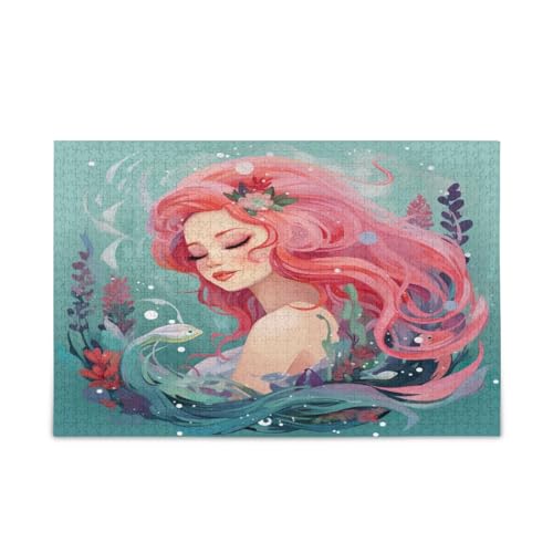 Cartoon-Meerjungfrau mit langen rosa Haaren Holzpuzzle Erwachsene, Bildpuzzle, hübsches Puzzle, einzigartige Puzzles von RPLIFE
