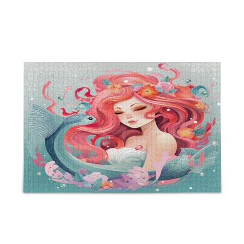 Cartoon-Meerjungfrau mit langen rosa Haaren Holzpuzzle Erwachsene, Gehirnspiel, schönes Puzzle, einzigartiges Puzzle von RPLIFE