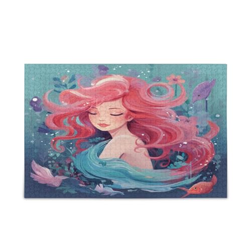 Cartoon Meerjungfrau mit langen rosa Haaren Puzzles, Puzzle 1000 Teile, einzigartiges Puzzle, Familienpuzzles für Kinder und Erwachsene von RPLIFE