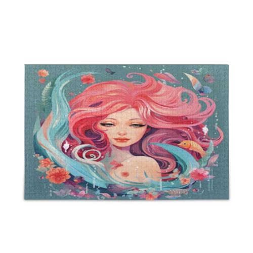 Cartoon-Meerjungfrau mit langen rosa Haaren Puzzles, einzigartige Puzzles, lustige Puzzles, Gehirnspiel von RPLIFE