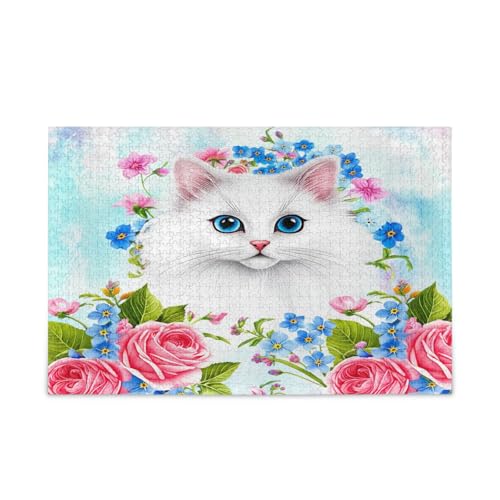 Cozy White Cat Rose Family Puzzle Puzzles für Erwachsene 1000 Teile Lustige Puzzles für Erwachsene Puzzle Spielzeug von RPLIFE
