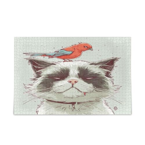 Cute Bird on Angry Cat Wood Jigsaw Puzzles Adult, Puzzle with Letters on Backack, Pretty Puzzles, Unique Puzzles for Adults von RPLIFE