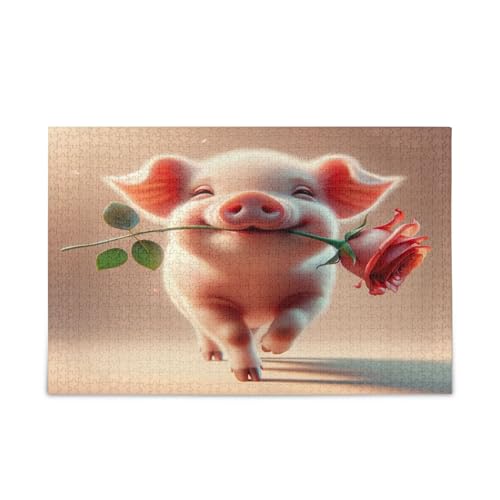 Cute Pig Red Rose Adult Wooden Puzzles Unique Puzzle 1000 Pieces Puzzle for Adult 29.5×19.17.8 cm von RPLIFE