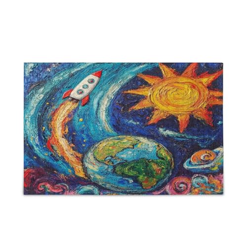 Earth Rockets Ship Blue Wooden Puzzles Beautiful Puzzle 1000 Pieces Puzzle for Family 29.5×19.17.8 cm von RPLIFE