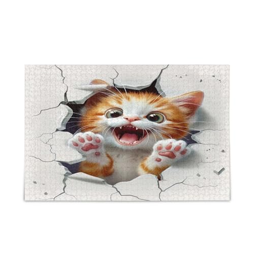 Eine süße Katze, die durch die Wand bohrt, 1000 Puzzles, Holzpuzzle Erwachsene, Puzzles für Familie von RPLIFE