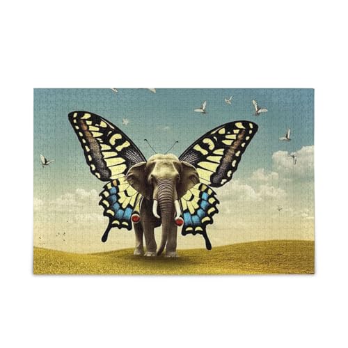 Elefant Schmetterling Erwachsene Holzpuzzles Einzigartige Puzzles 1000 Teile Puzzle für Erwachsene 29,5 × 19,78 cm von RPLIFE