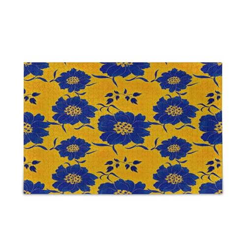 Elegante dunkelblaue Blumen gelbe Holzpuzzles 1000 Puzzles für Erwachsene 74 x 70 cm von RPLIFE