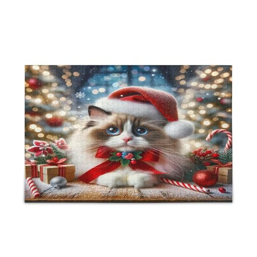 Festive Santa Cat Red Wooden Puzzles 1000 Puzzles for Adults 29.5×19.17.8 cm von RPLIFE