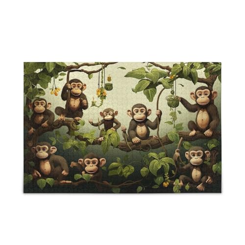 Five Cute Monkey on Tree with Bananas and Leaves Wood Jigsaw Puzzles, Puzzle 1000 Piece, Unique Puzzle, Family Puzzles for Kids and Adults von RPLIFE