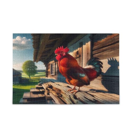 Hahn auf Bauernhaus Holzbrett Holz Puzzle Erwachsene, Puzzles mit Buchstaben auf der Rückseite, Hübsches Puzzle, einzigartige Puzzles für Erwachsene von RPLIFE