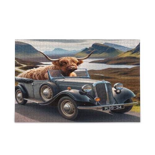 Highland Cattle Driving Car Adult Puzzles Wooden Jigsaw Puzzles for Adults 500 Pieces Puzzle for Family 20.5×14.22.9 cm von RPLIFE