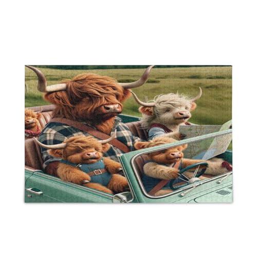 Highland Cattle Family Driving Car Wood Jigsaw Puzzles Unique Puzzles 500 Pieces Puzzle for Adult 20.5×14.22.9 cm von RPLIFE