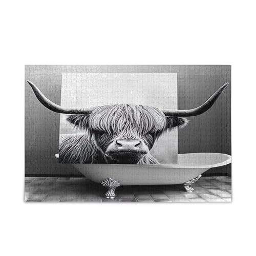 Highland Cow Badewanne Grau Erwachsene Puzzles Hübsche Puzzles 1000 Teile Puzzle für Familie 29,5 × 19,78 cm von RPLIFE