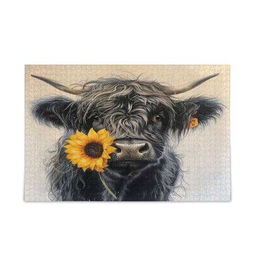 Highland Cow Face Sonnenblume Puzzles Einzigartiges Puzzle 500 Teile Puzzle für Erwachsene 20,5 × 14,22,9 cm von RPLIFE