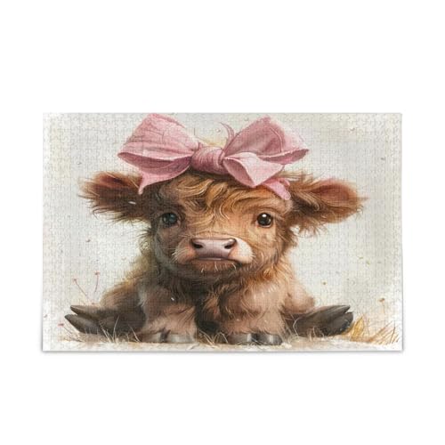 Highland Cow Pink Bow Wood Jigsaw Puzzles Unique Jigsaw Puzzles 1000 Pieces Puzzle for Adult 29.5×19.17.8 cm von RPLIFE