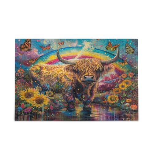 Highland Cow Rainbow Adult Puzzles Wood Puzzles Adult 500 Pieces Puzzle for Family 20.5×14.22.9 cm von RPLIFE