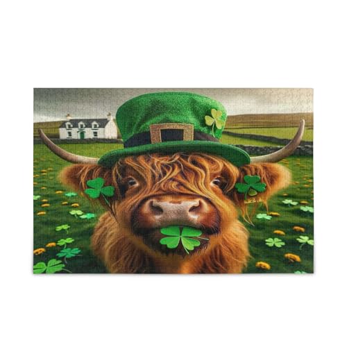 Highland Cow St. Patrick's Day Holzpuzzle für Erwachsene, mit Buchstaben auf der Rückseite, 1000 Teile, Puzzle für Familie, 75 x 50 cm von RPLIFE