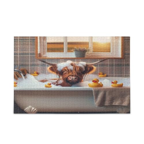 Highland Cow in Bathtub Adult Wooden Jigsaw Puzzles Unique Puzzles 1000 Pieces Puzzle for Adult 29.5×19.17.8 cm von RPLIFE