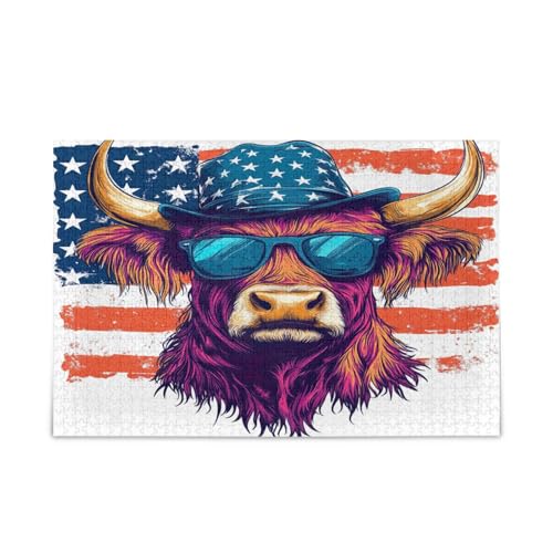 Highland Cow with Sunglasse, US Flag Adult Wooden Jigsaw Puzzles Beautiful Puzzles for Adults 1000 Pieces Puzzle for Family 29.5×19.78 cm von RPLIFE