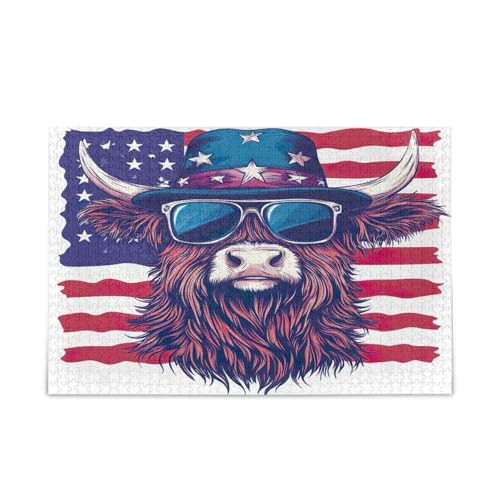 Highland Cow with Sunglasse, Us Flag Adult Puzzles Unique Puzzle 1000 Pieces Puzzle for Adult 29.5×19.17.8 cm von RPLIFE