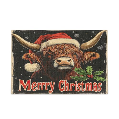 Hochlandkuh mit Weihnachtsmannmütze, Puzzle, einzigartiges Puzzle, 500 Teile, Puzzle für Erwachsene, 50 x 37 cm von RPLIFE