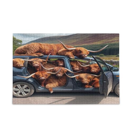 Hochlandrinder im Auto, Erwachsenen-Puzzle, hübsche Puzzles, 1000 Teile, Puzzle für Familie, 74 x 70 cm von RPLIFE