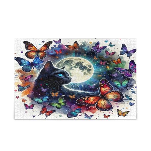 Holzpuzzle für Erwachsene, Motiv: Katze, Schmetterlinge, Mond, 500 Teile, Puzzle für Familie, 50 x 37 cm Holzpuzzle für Erwachsene, Motiv: Katze, Schmetterlinge, Mond, 500 Teile, Puzzle für Familie, 50 x 37 cm von RPLIFE
