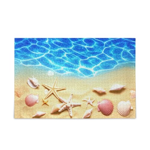 Holzpuzzle mit Seesternmuscheln, blauer Strand, hübsche Puzzles, 500 Teile, Puzzle für Familie, 50 x 37 cm Holzpuzzle mit Seesternmuscheln, blauer Strand, hübsche Puzzles, 500 Teile, Puzzle für Familie, 50 x 37 cm von RPLIFE