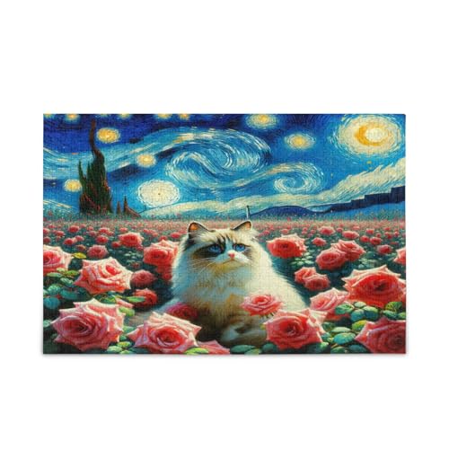 Holzpuzzle mit niedlichem Kätzchen, Sternennacht, Rose, Katze, Holzpuzzle für Erwachsene, 1000 Teile, Puzzle für Familie, 74 x 50 cm Holzpuzzle mit niedlichem Kätzchen, Sternennacht, Rose, Katze, Holzpuzzle für Erwachsene, 1000 Teile, Puzzle für Familie, 74 x 50 cm von RPLIFE