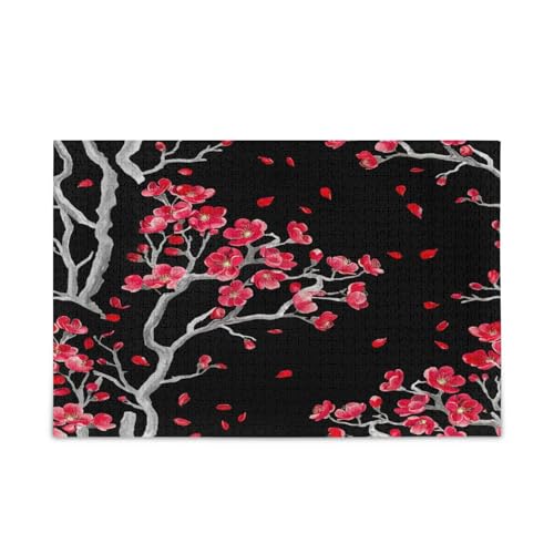 Holzpuzzle mit roten Blumen, grauen Zweigen, schwarz, 1000 Teile, Erwachsenenpuzzle, 74 x 70 cm von RPLIFE
