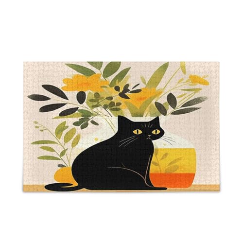 Holzpuzzle mit schwarzer Katze, Dekoration, Zeichnung, Erwachsene, 1000 Teile, Puzzle für Familie, 75 x 70 cm von RPLIFE