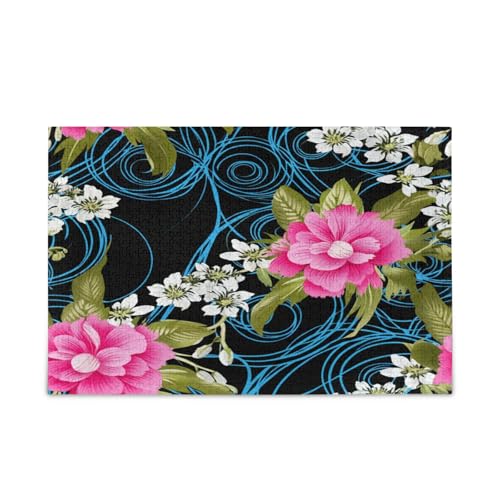 Lebendige rosa Blumen schwarze Holz-Puzzles mit Buchstaben auf der Rückseite, 500 Teile Puzzle für Familie, 50,5 x 37,8 cm von RPLIFE