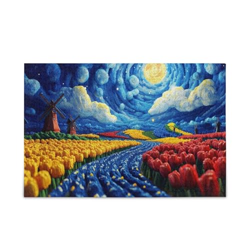 Lebendiges Tulpenfeld-Mondlicht-Puzzle, schönes Puzzle, 1000 Teile, Puzzle für Familie, 74 x 70 cm von RPLIFE