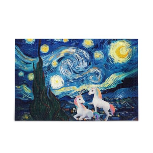 Niedliche Einhörner Sternennacht Blau Puzzles Familienpuzzle 500 Teile 50,5 × 37,8 cm von RPLIFE