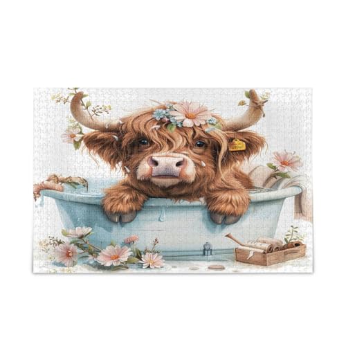 Niedliche Hochlandkuh Badewanne Holzpuzzles Puzzle Spielzeug 500 Teile Puzzle für Familie 20,5 × 14,22,9 cm von RPLIFE