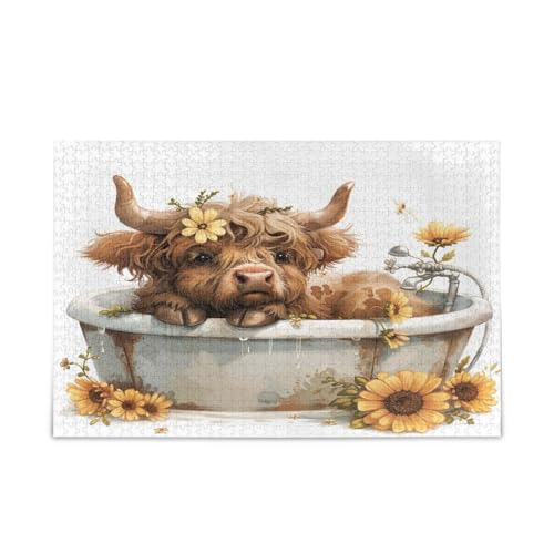 Niedliche Hochlandkuh Blume Erwachsene Holzpuzzle 500 Teile Puzzle für Erwachsene 20,5 × 14,22,9 cm von RPLIFE