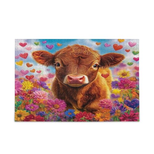 Niedliche Hochlandkuh Blumen Feld Erwachsene Puzzles Hübsches Puzzle 500 Teile Puzzle für Familie 20,5 × 14,22,9 cm von RPLIFE