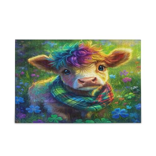 Niedliche Hochlandkuh Blumen Feld-Puzzle, 500-teiliges Puzzle, 50,5 x 37,8 cm von RPLIFE