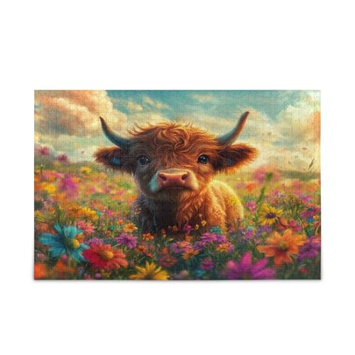 Niedliche Hochlandkuh Blumen Feldpuzzles Einzigartiges Puzzle 1000 Teile Puzzle für Erwachsene 29,5 × 19,78 cm von RPLIFE