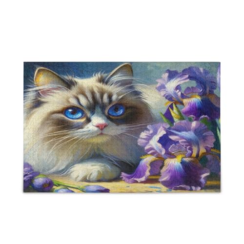 Niedliche Katze, violette Blumen, Erwachsenen-Puzzles mit Buchstaben auf der Rückseite, 500 Teile, Puzzle für Familie, 50,5 x 37,8 cm von RPLIFE