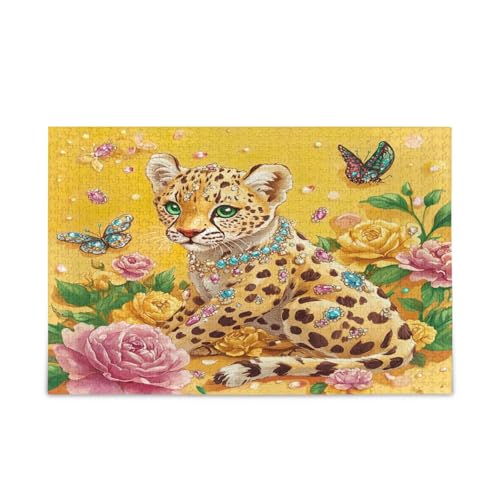 Niedliche Leopardenblumen, Schmetterlinge, goldenes Holz-Puzzle, Erwachsenen-Puzzle, 1000 Teile, 75 x 70 cm von RPLIFE